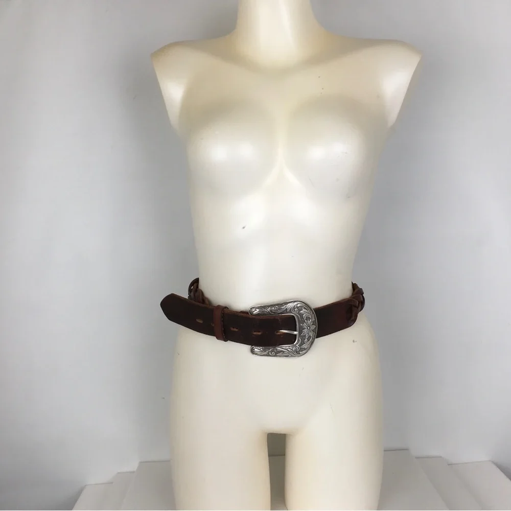 Chunky Braided Woven Leather Belt Dark Brown Western Floral Silver Buckle Boho
